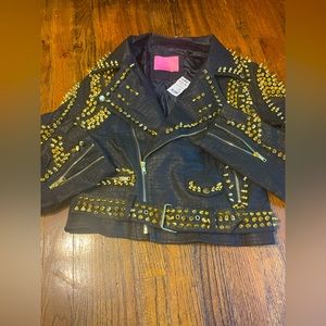 Motor biker studded gold black leather jacket